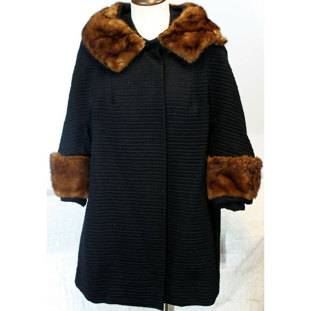 Vtg 1960s YouthCraft Black Coat Real Beaver Fur Collar Small Med Dress Overcoat